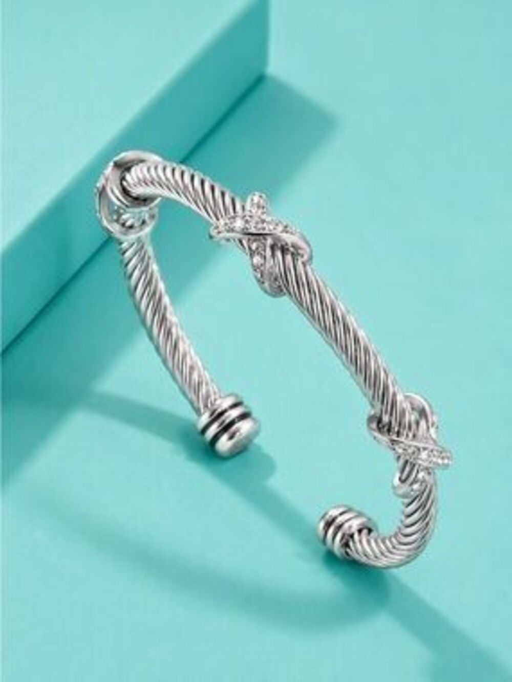 Silver Twisted Cable Cuff Bracelet with Crystal Accents